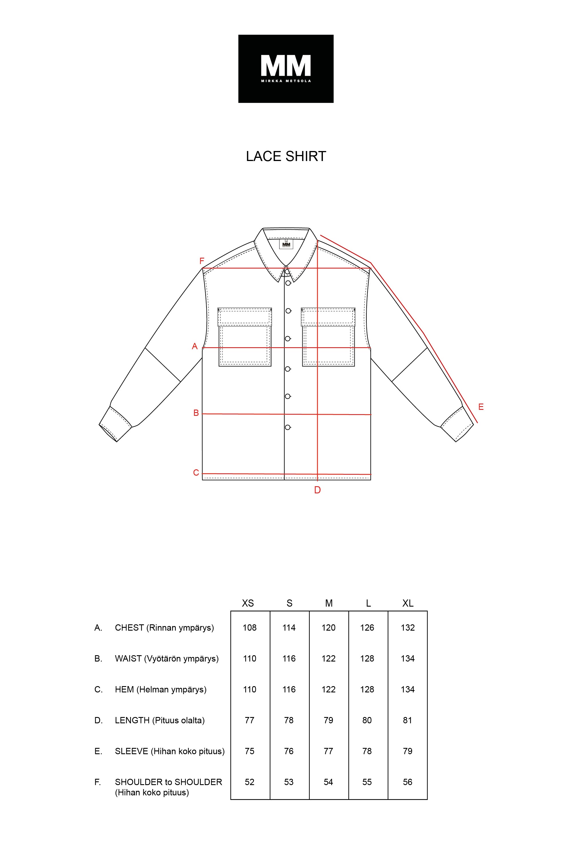 Measurement of Mirkka Metsola Lace Shirt. 